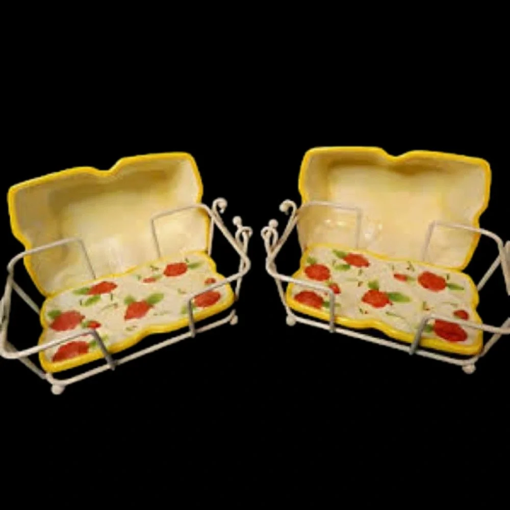 Yellow Old World Rose 8 Pc Set 2 Ceramic 1 QT Plates Lids Baskets